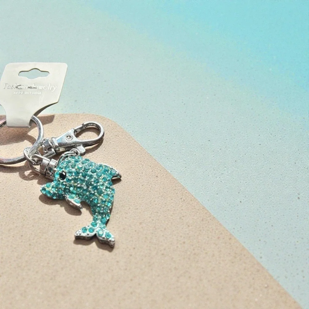 Teal Rhinestone Dolphin Keychain Silver Tone Lobster Clasp Bag Charm